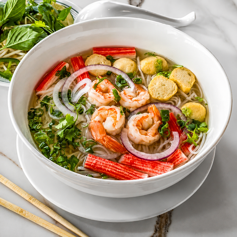 A bowl of pho with shrimp, crab sticks, fish cakes, onions, and herbs, with a side of basil.