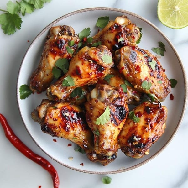 Sweet and spicy chicken wings garnished with cilantro, chili flakes, and a lime wedge.